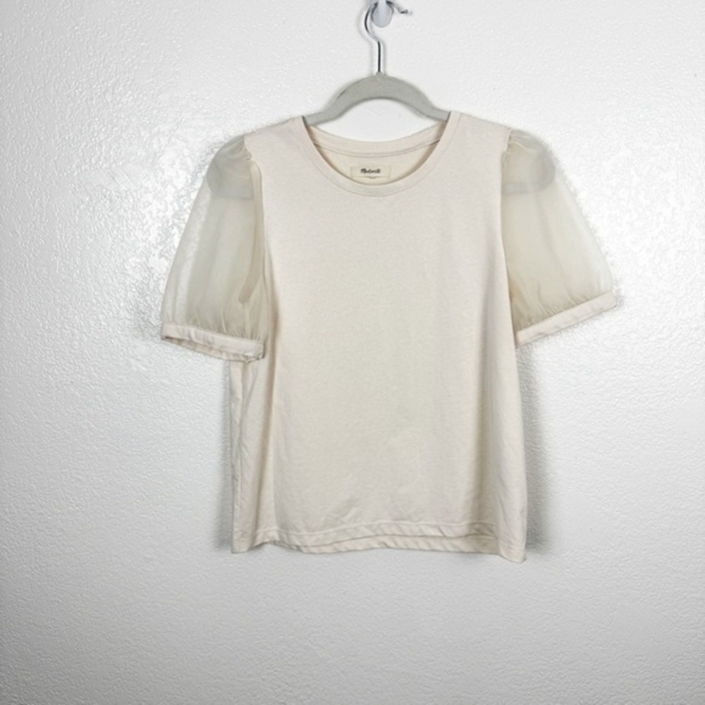 Madewell Sheer-Sleeve Knit Top in Bleached Linen Cotton Blend Size Small